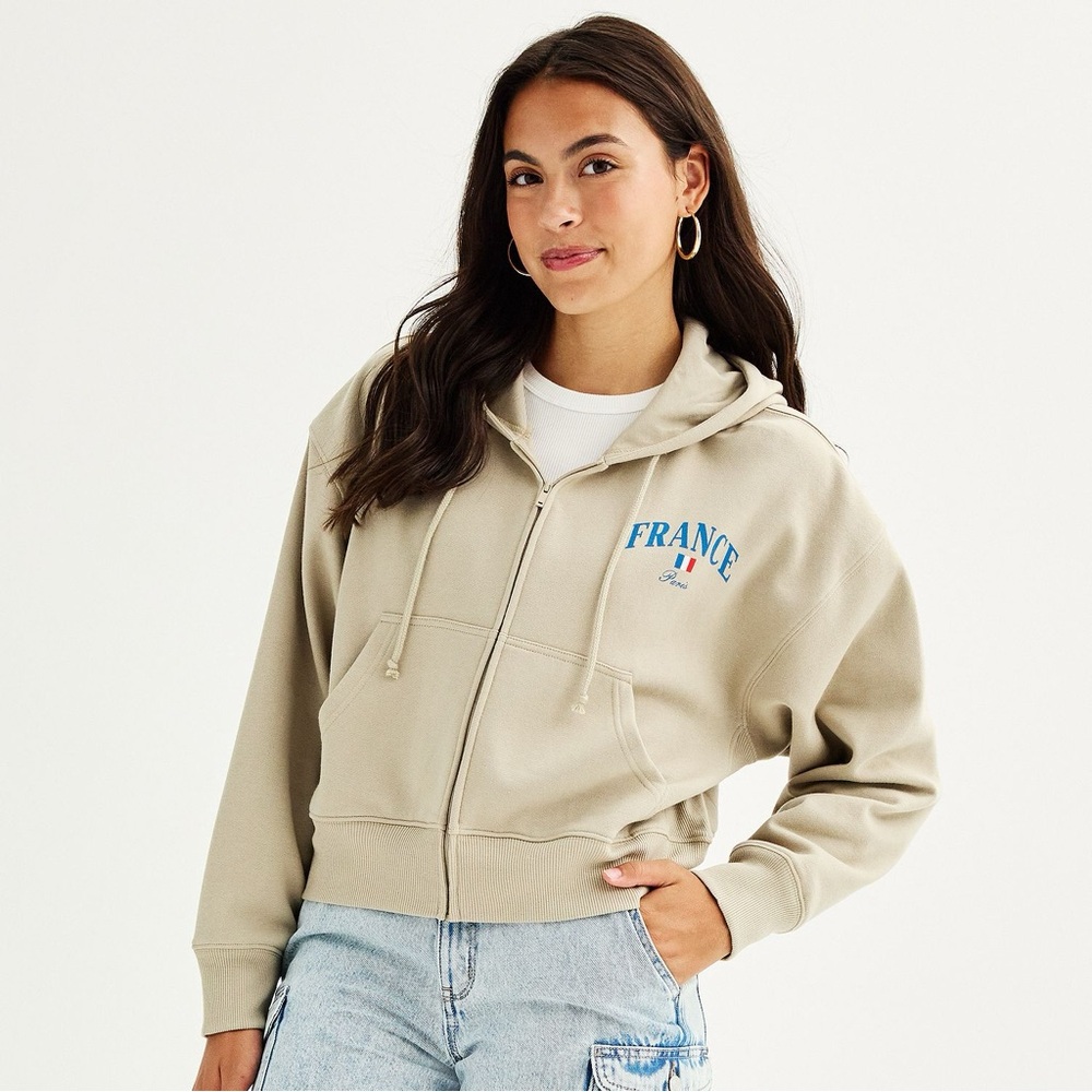 Juniors' Paris, France Cropped Full-Zip Hoodie Beige Zip-Up Hoodie